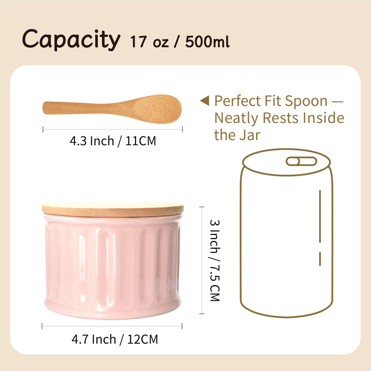 seicasaya Ceramic Condiment Pot with Bamboo Lid - 17oz Multi-purpose Seasoning Container for Salt, Sugar, Spices - Modern Striped Kitchen Countertop Storage Jar (Pink)