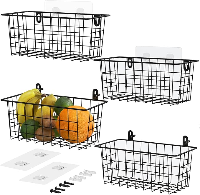 MaraFansie Hanging Wire Baskets Kitchen Storage Basket Adhesive and Screws