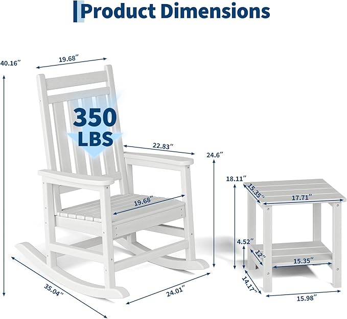 HDPE Rocking Chair Outdoor Set of 4 with 2 Side Table - Poly High Back Porch Rocker Chairs for Adults - All Weather Resistant Furniture for Patio Front Porch - White