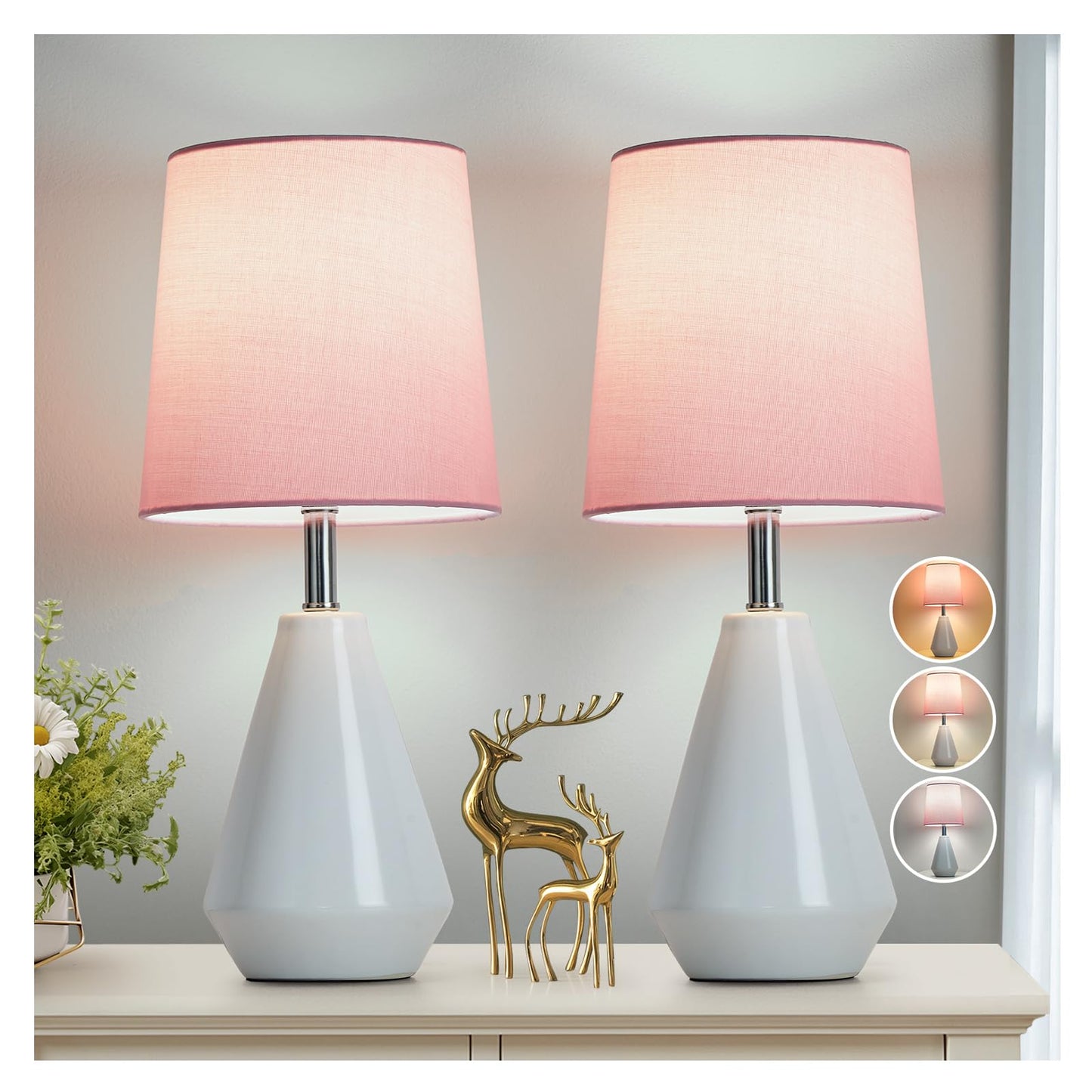 bdayanx Small Bedside Table Lamp for Bedroom-Reading Desk Lamp Set of 2,with 3 Color Temperatures,15.5" Nightstand Ceramic Lamp with Fabric Shade for Kids Room,Living Room,Dorm,Home Office