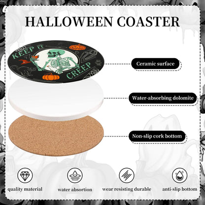 JarThenaAMCS 4Pcs Halloween Coaster with Holder Pumpkin Ghost Black Cat Skeleton Anti Slip Drink Coasters Black Orange Green Absorbent Ceramic Coasters for Home Decor Table Protection