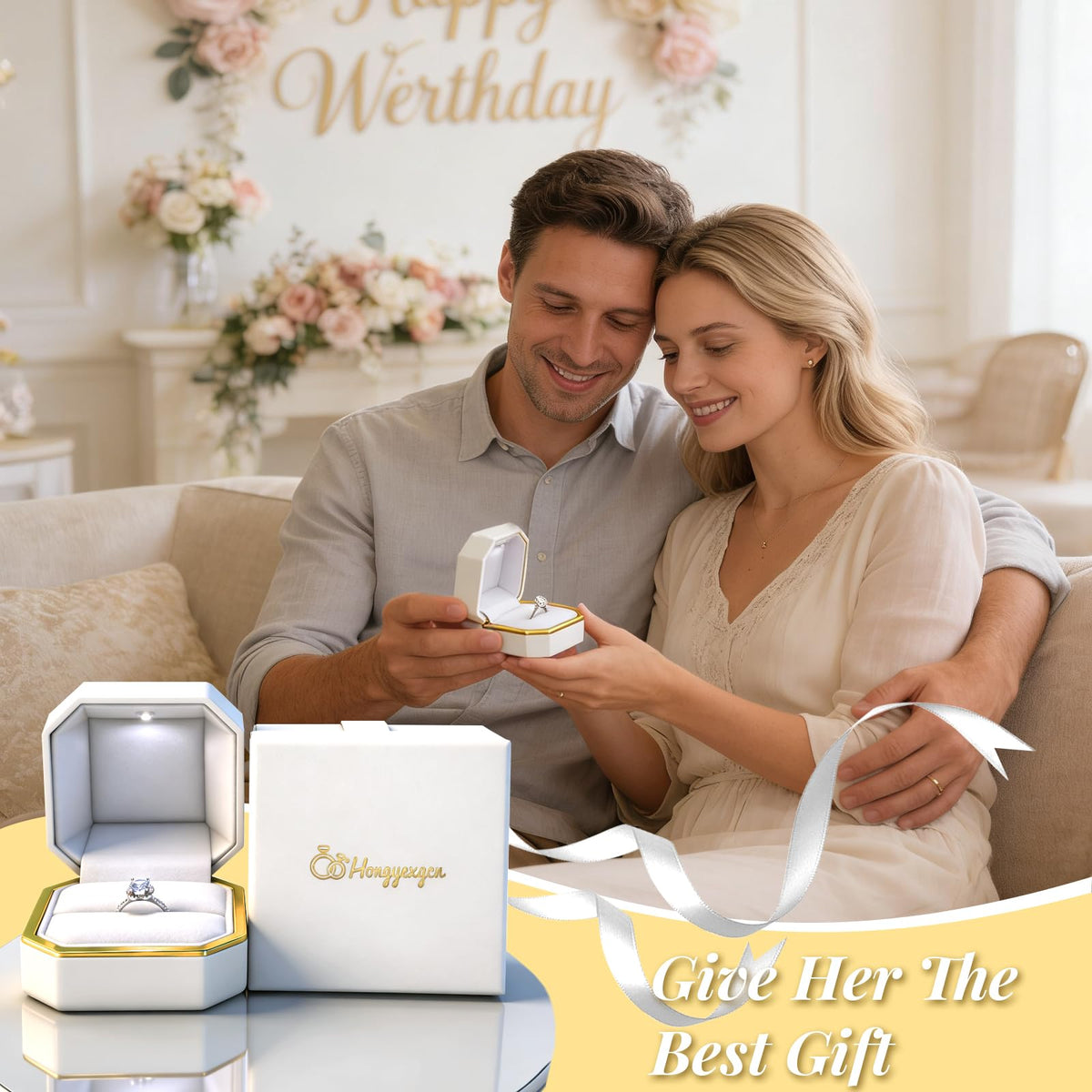 HONGYEXGCN LED Ring Box for Proposal Engagement Wedding Prepared for Gifts, Luxury Ring Box The Best Gits are for the People Who Matter Most to You,Square Velvet Case Jewelry Gift Box (Pure - white)