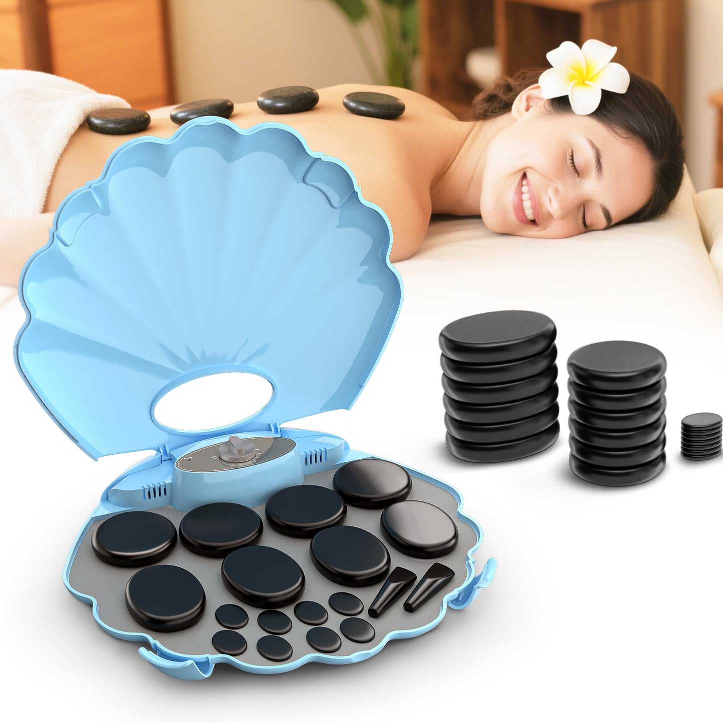 StateRiver Shell Hot Stones Massage Set, 18-Piece Basalt Hot Stones with Heater Kit, Featuring an Elegant Seashell Design for Spa Use. Perfect for Relaxation, Healing, and Pain Relief. （Blue）