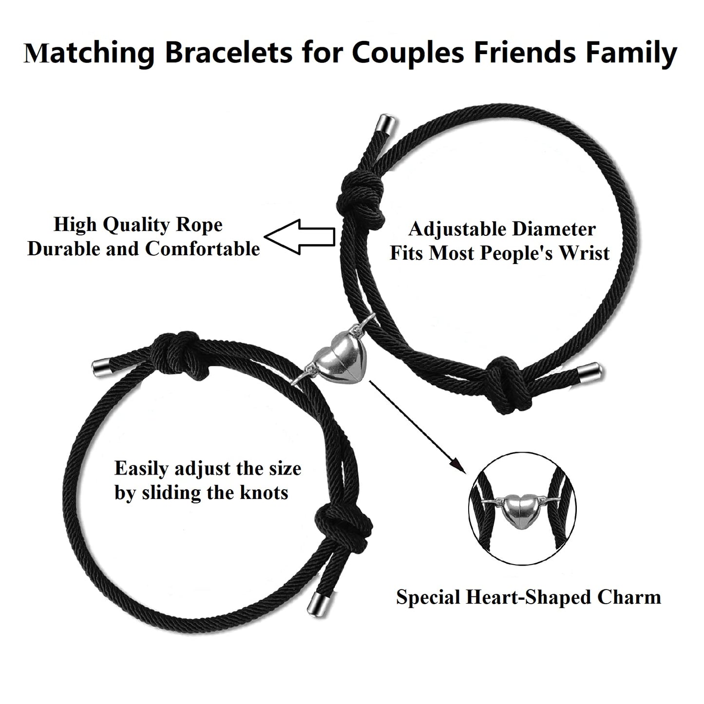 Dlihc 2pcs Couples Bracelets for Women Men, Black Matching Heart Bracelets for Couples, Valentines Gift for Boyfriend Girlfriend Best Friend