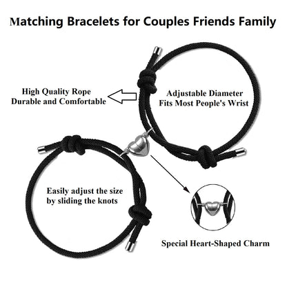 Dlihc 2pcs Couples Bracelets for Women Men, Black Matching Heart Bracelets for Couples, Valentines Gift for Boyfriend Girlfriend Best Friend
