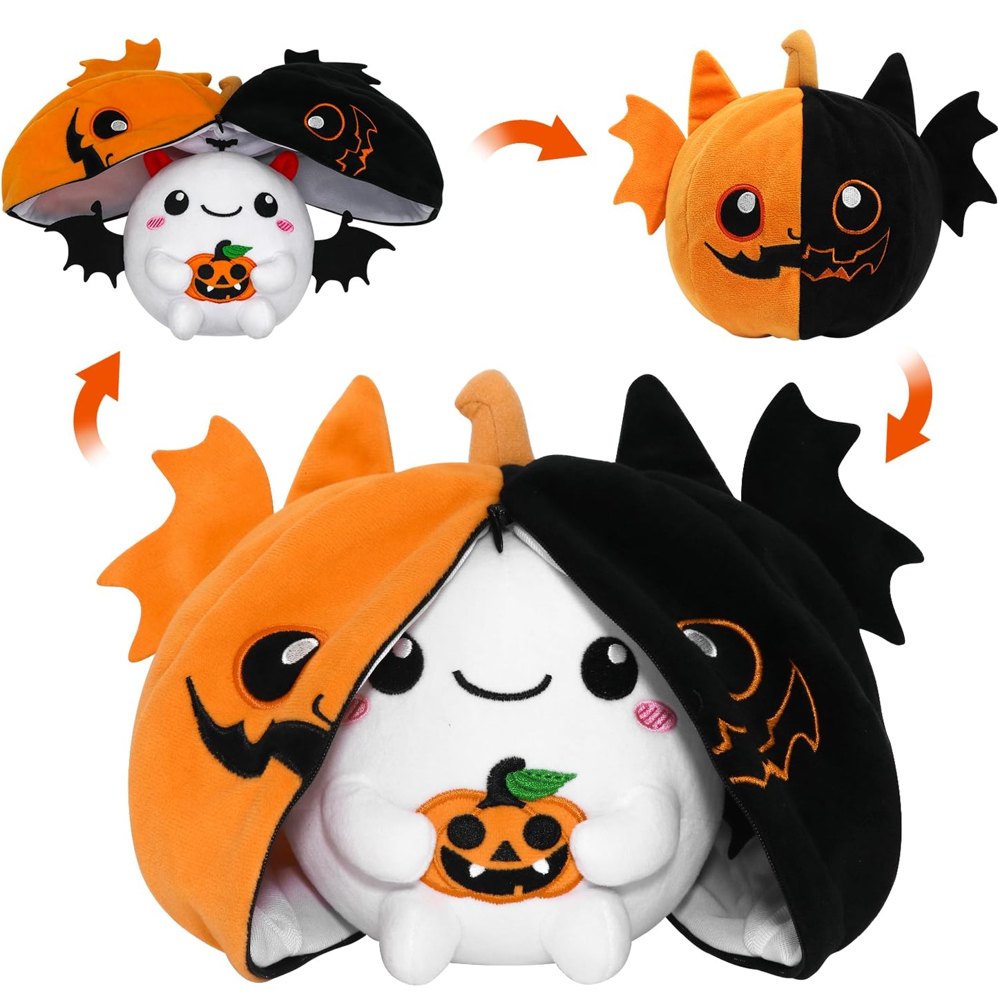 CAIYUEGG Halloween Stuffed Animal Reversible Bat Ghost Plush, Transformed Pumpkin Plush Zipper, Bat Ghost Stuffed Animal Cute Plushie Birthday Gift for Boys Girls Kids