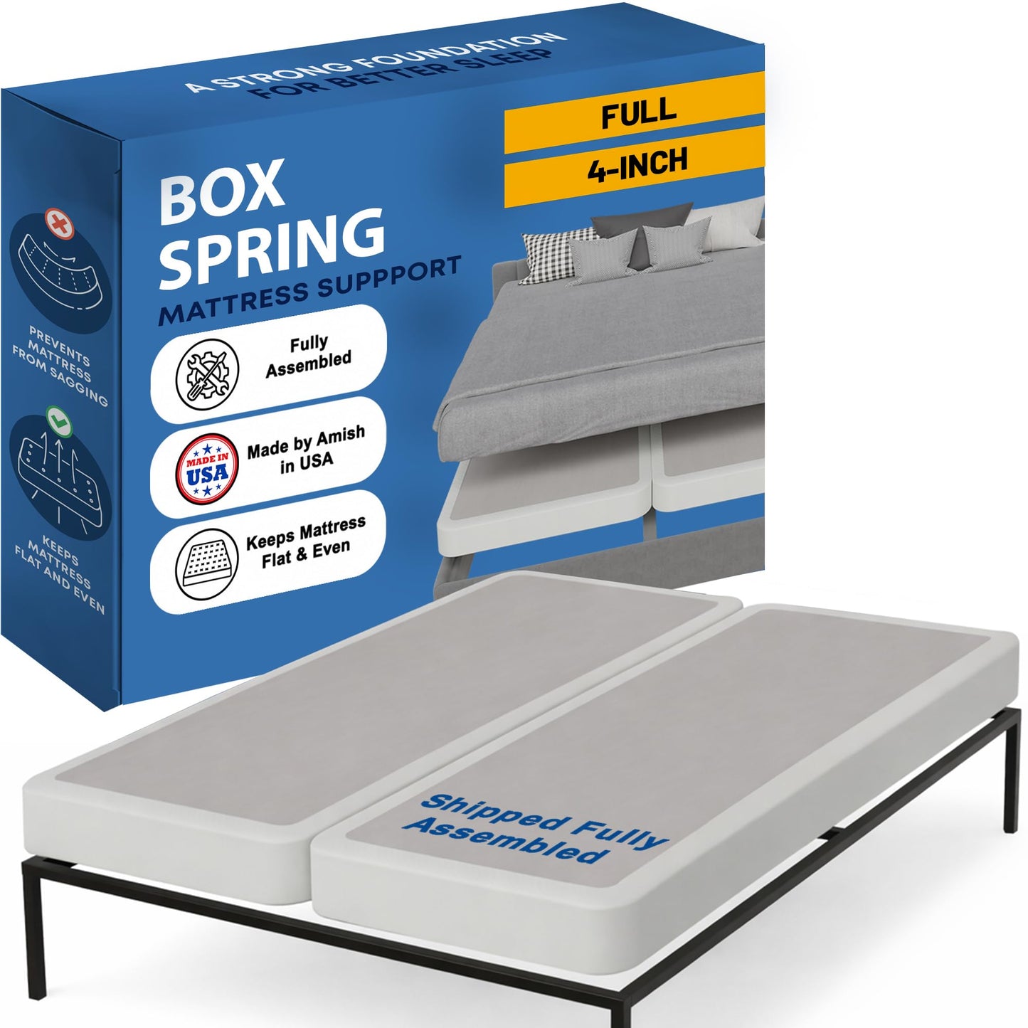 Greaton, Box Spring Bed Base Full Size, 4-Inch Wood Mattress Foundation – Amish Made in USA – Quiet Noise Free, 2-Pieces Under Mattress-Support BoxSpring, Fully Assembled, White