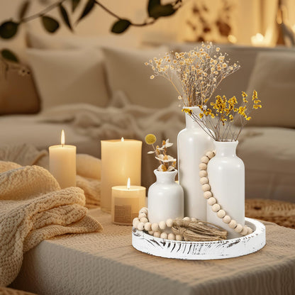 Tiangrid 5 Pcs Rustic Country Tabletop Centerpieces Decor Set of 3 Boho Ceramic Vases with Wooden Serving Tray Wood Bead Garland Tassels Table Holder for Home Decorations(White)