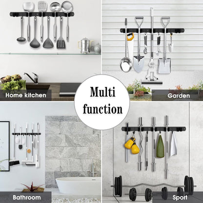 5 Holders+4 Hooks Black Broom Holder Wall Mounted with Nails Installation, Heavy Duty Stainless Steel Mop Holder, Brush Mop and Broom Storage Self Adhesive