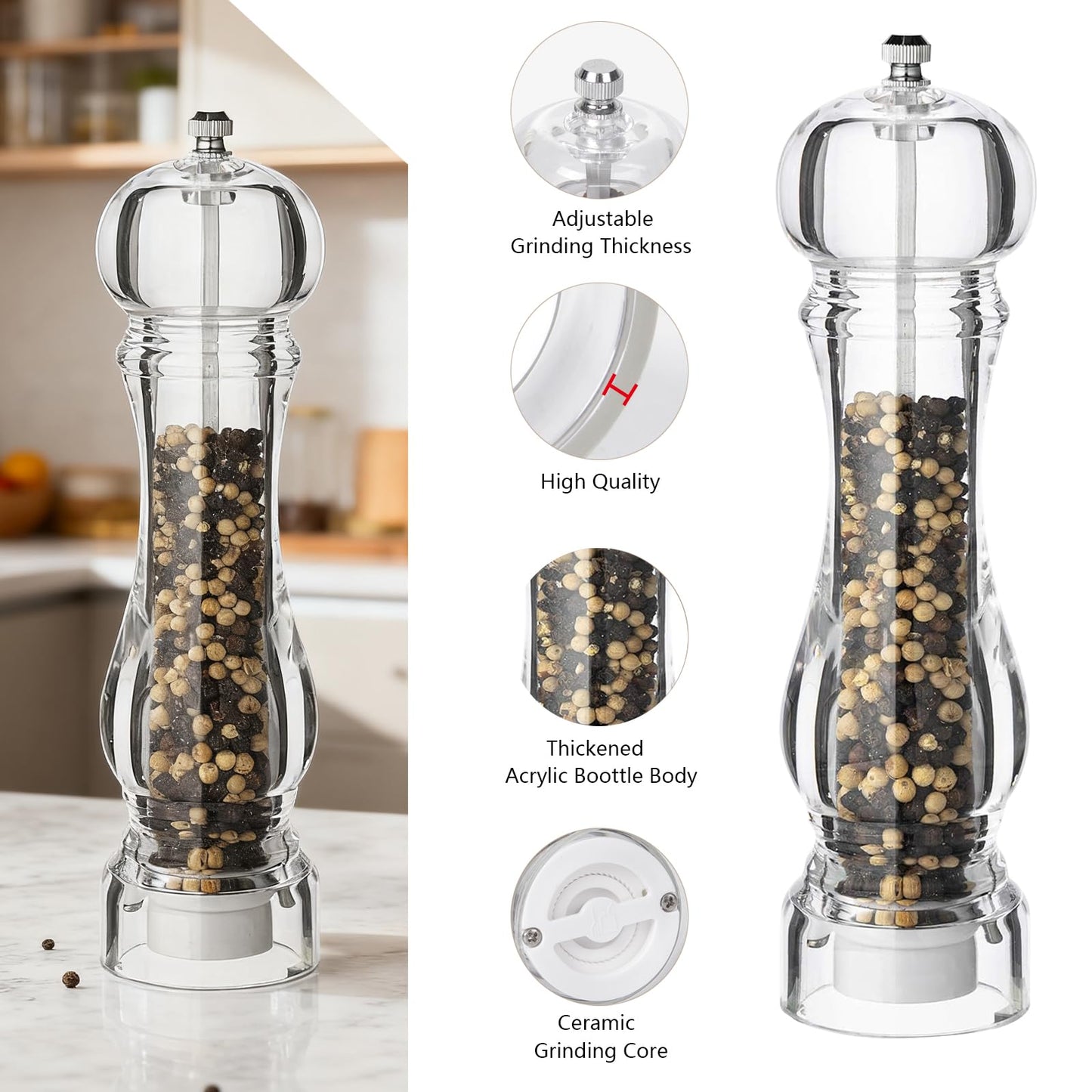 LHS Salt and Pepper Grinder Set, Manual Pepper Mills, 2Pcs Salt Grinder Peppercorn Grinders with Adjustable Coarseness-Clear