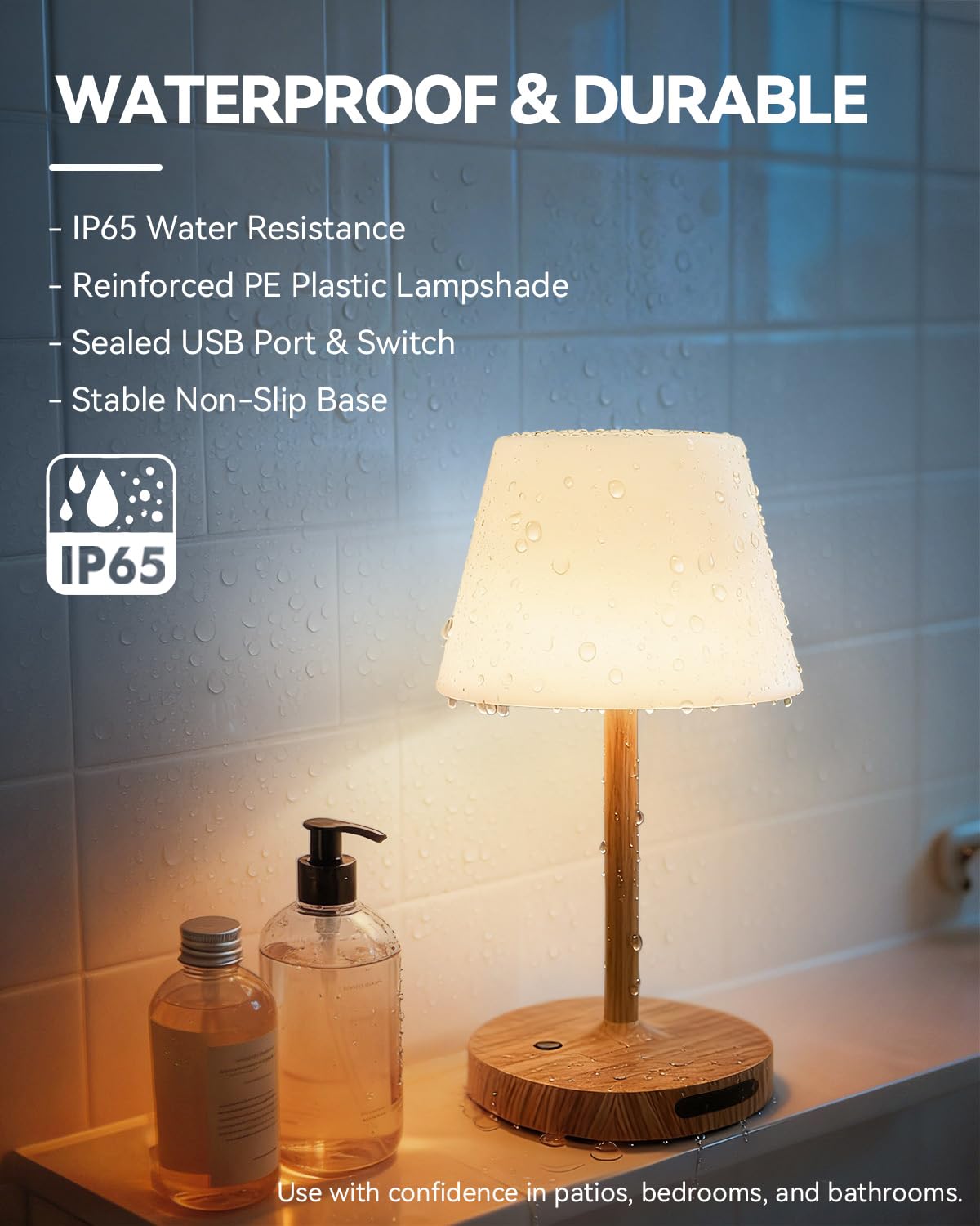 SAIWEYA Outdoor Waterproof Shower Lamp, 5200mAh Cordless Rechargeable Table Lamp with Touch Dimming, IP65 Wireless LED Night Light for Patio, Camping, Bathroom, Restaurant & Kitchen