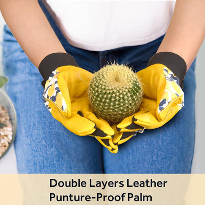 Cowhide Leather Thorn Proof & Puncture Resistant Gardening Gloves for Women and Men, Touchscreen Compatible Working Gloves for Weeding, Digging, Planting, Gardening Gifts for Women (Yellow, 1 pair, M)