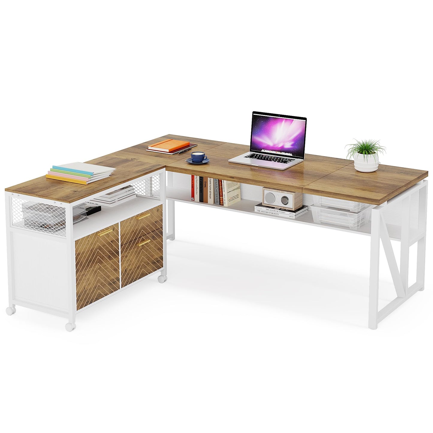 LITTLE TREE 63" L Shaped Executive Computer Desk and Drawer lateral File Cabinet, Walnut