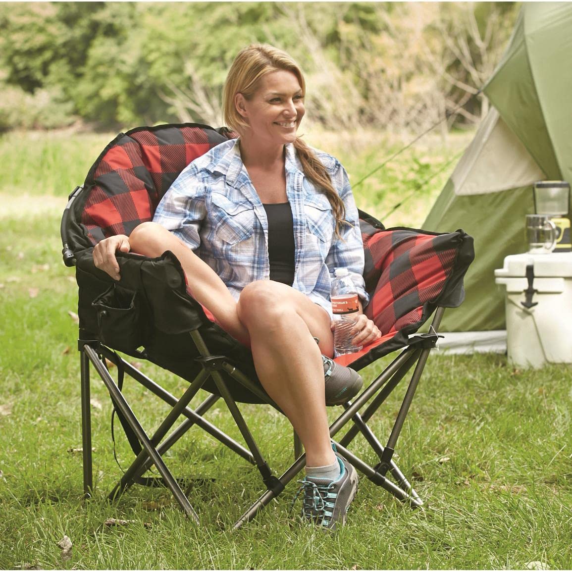 Guide Gear Club Camping Chair, Oversized, Portable, Folding with Padded Seats, 500-lb. Capacity Red Plaid