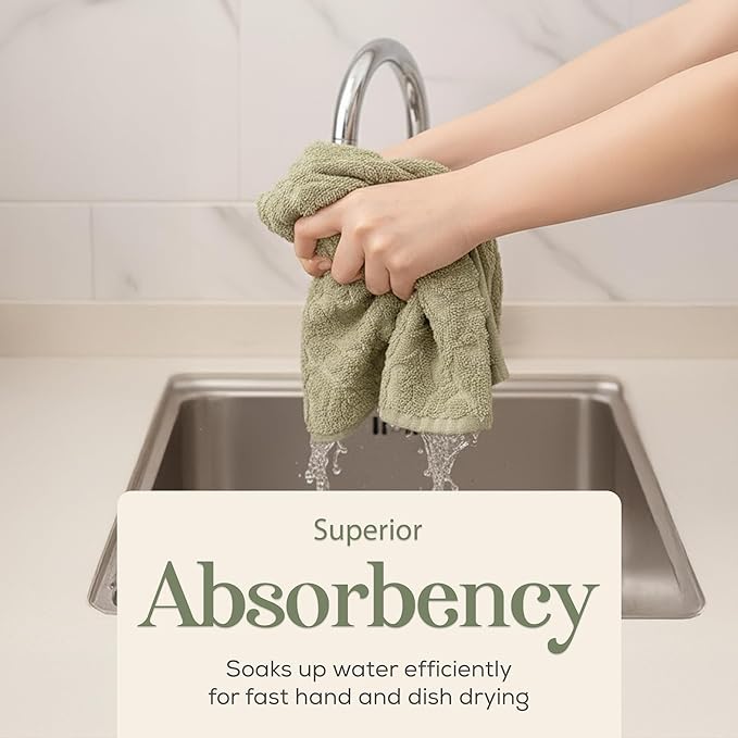 MosJos 4 Pack Hand Towels, Cotton Sage Green and White Floral Kitchen Towel