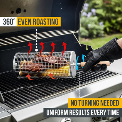 Smokova Rolling Grill Basket for Veggies (2 PCS) | 304 Stainless Steel Grill Baskets for Outdoor Grill with Removable Wooden Handle | BBQ Baskets for Grilling | Vegetable Grill Basket