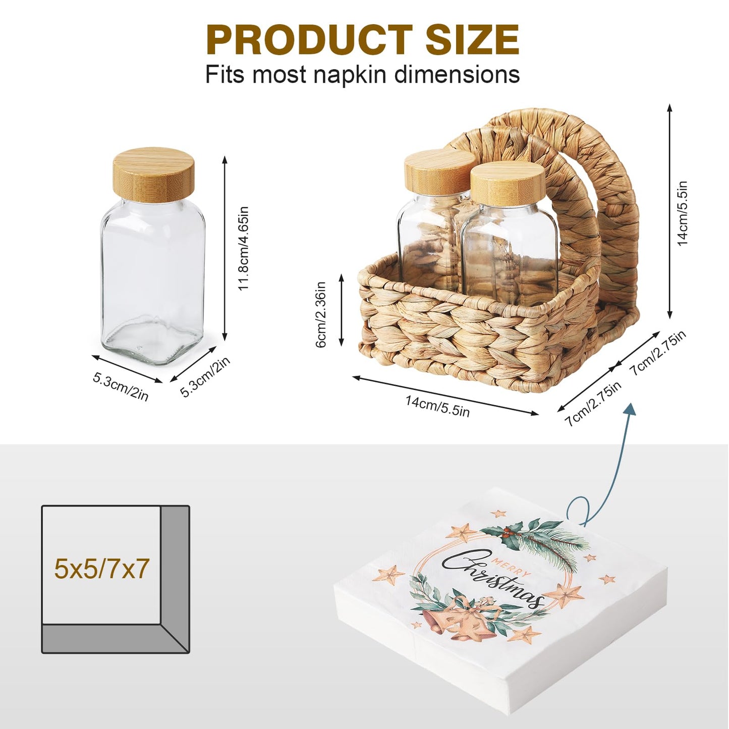 Napkin Holder for Table with Salt and Pepper Shakers, Natural Woven Water Hyacinth Includes 2 Glass Shakers, Tabletop Organizer for Kitchen, Home, Dining and Bar