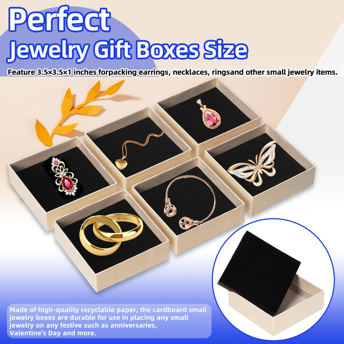 Glarks 12Pcs 3.5x3.5x1 Inch Beige Cardboard Paper Jewelry Gift Boxes with Scissors and Ribbon Set, Bracelets Bangle Necklace Earring Gift Case for Birthday Wedding Jewelry Storage Packaging Display