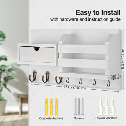 Lwenki Wall Mount Key Holder with Mail Organizer, 100% Paulownia Wood, 7 Metal Hooks, Storage Drawer, Entryway Home Decor (White)