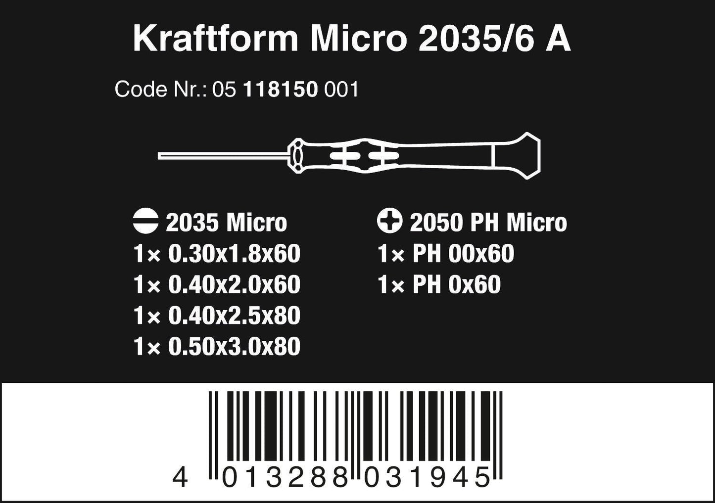 Wera 2035/6 A Kraftform Micro Screwdriver Set, for electronic applications, PH/SL, 6 Piece, 05118150001