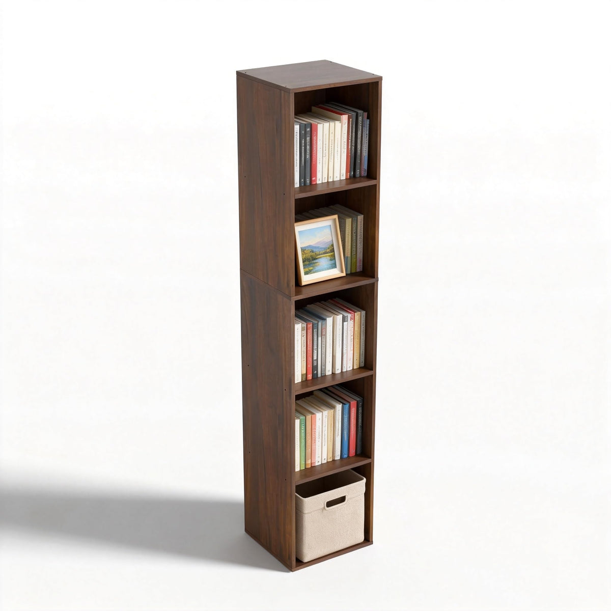 NewBeth 5 Cube Storage Organizer, Narrow Open Shelf Bookcase, Freestanding 5 Tier Low Display Bookshelf for Home Office, Living Room, Bedroom, Dark Brown & Black Walnut