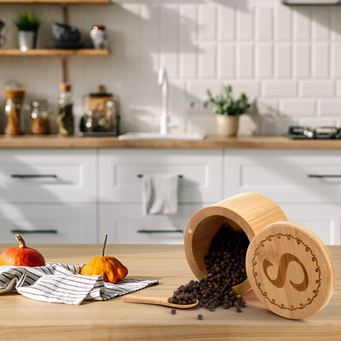 Tosnail 2 Pack Bamboo Salt and Pepper Holder Box with 2 Spoons, Spice Jars Containers, Seasoning Storage Box with Swivel Lid and Magnet Lock - 6 oz Capacity