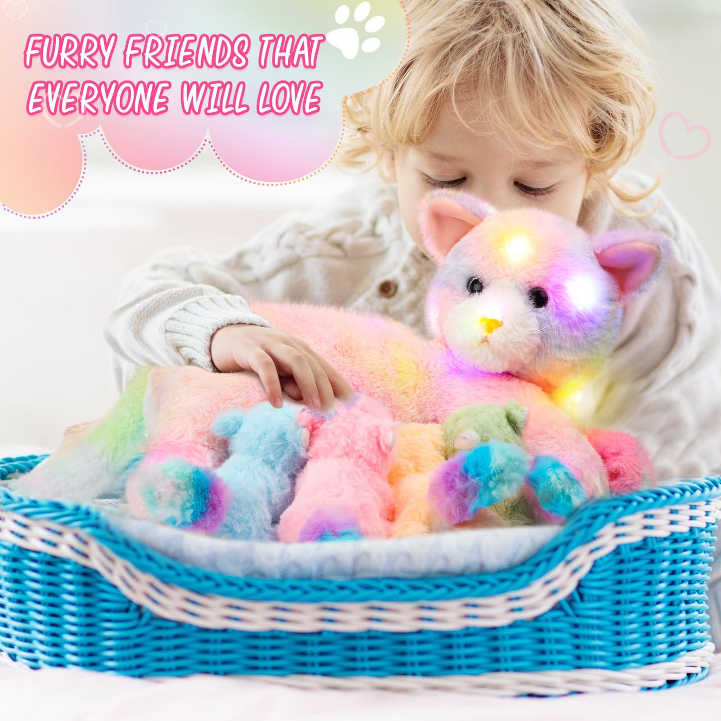 Skylety Nurturing Cat Stuffed Animal with 4 Plush Kittens, Cat Baby Stuffed for Girls Boys Plushy Mommy Kitty with Baby Kittens for Christmas Birthday Party Favors Gifts(LED Style)