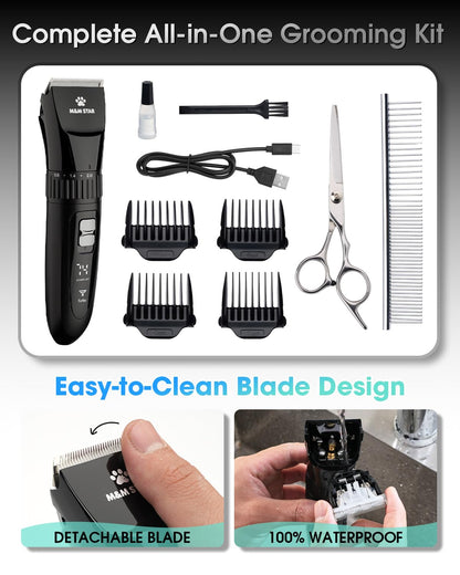 M&M STAR Dog Grooming Kit, Low Noise Dog Clippers, 2-Speed IPX7 Waterproof, Rechargeable Cordless Pet Hair Clippers Trimmer Shaver with LED Display for Small Large Dogs Cats, Black