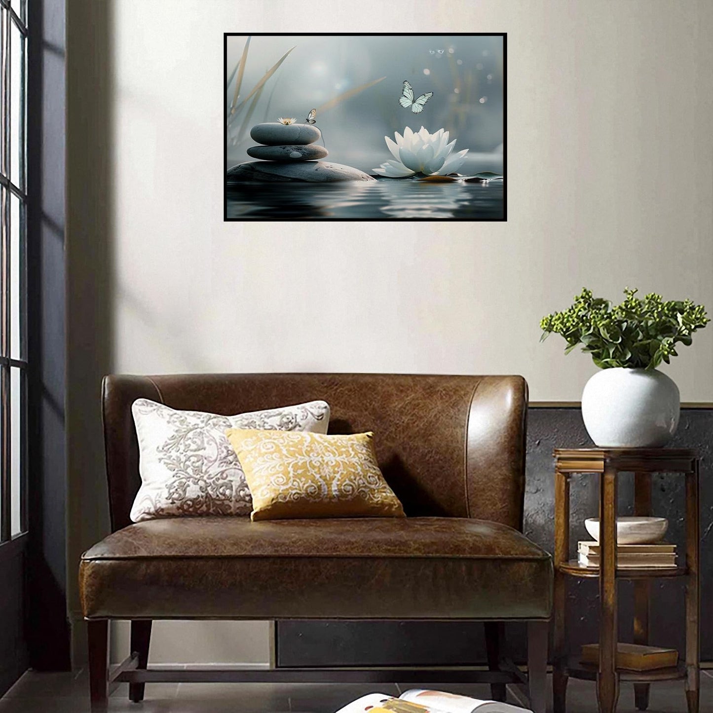 Floral Butterfly Lotus Canvas Wall Art Framed Painting Prints Posters Artwork Wall Decor Zen Spa Decor Spiritual Wall Art Yoga Meditation Room Zen Office Wall Decor 16x24 Inches