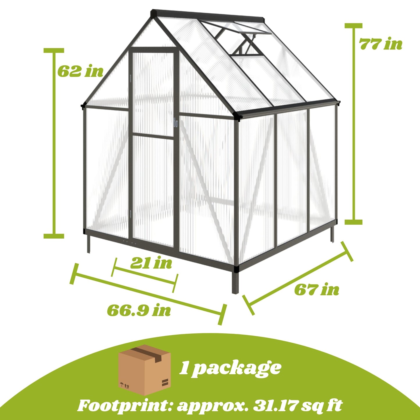 6x6FT Greenhouse for Outdoors, Polycarbonate Greenhouse with Quick Setup Structure and Roof Vent, Aluminum Large Walk-in Green House for Outside Garden Backyard, Charcoal Black