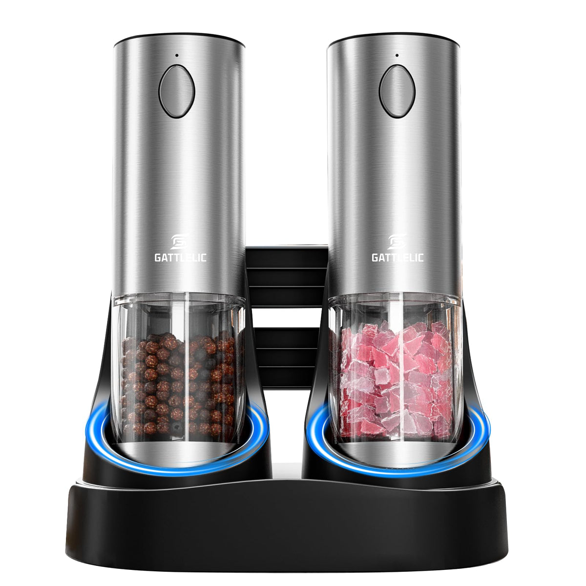 Electric Salt and Pepper Grinder Set, Automatic Pepper Mill Grinder w/Upgraded Charge Base and LED Light,Adjustable Coarseness,Rechargeable Black Peppercorn & Sea Salt Spice Mill Set