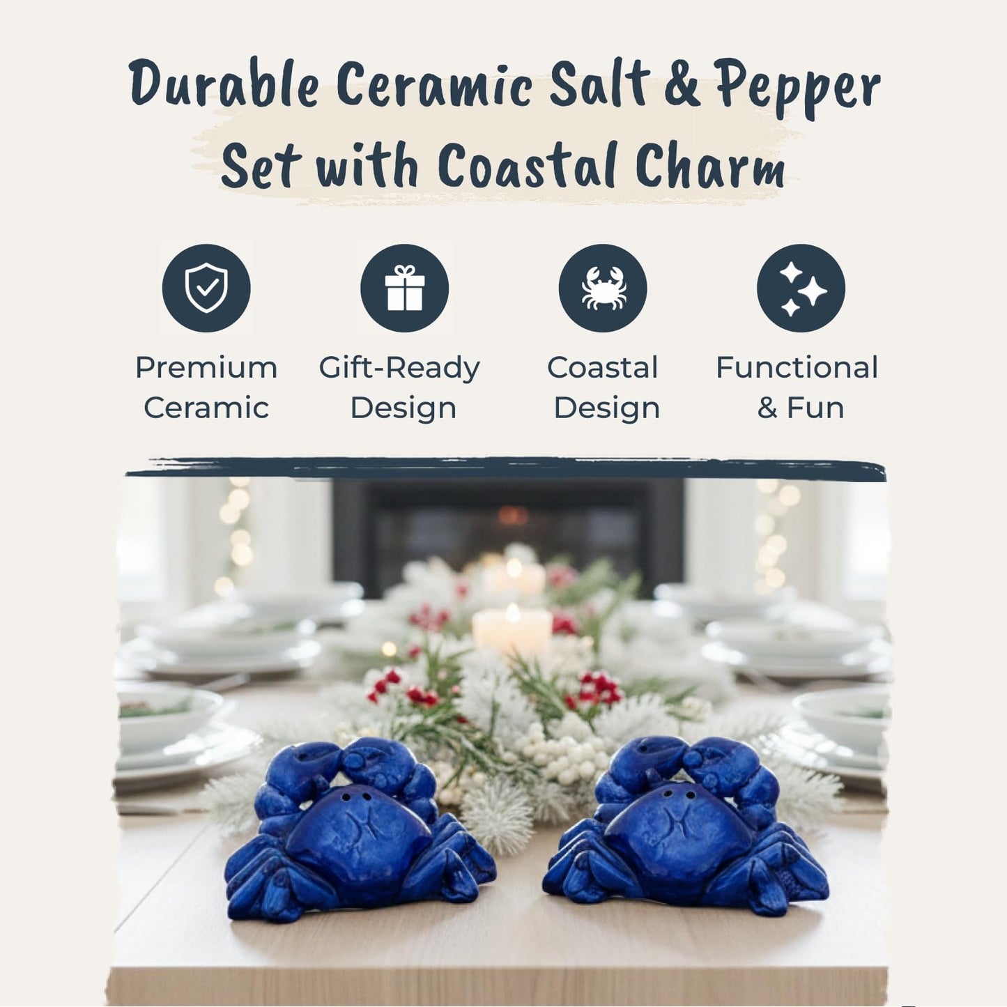Blue Sky Clayworks Crab Salt & Pepper Shaker Set, Ceramic, 8.25" L x 2.25" W x 2.5" H, Cobalt Coastal Cuties