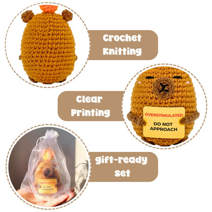 Overstimulated Do Not Approach Desk Sign, Handmade Crochet Capybara Plush with Card, Mini Desk Decor with Wooden Stand, Gift-Ready Organza Bag, Funny Office Cubicle & Home Office Gift