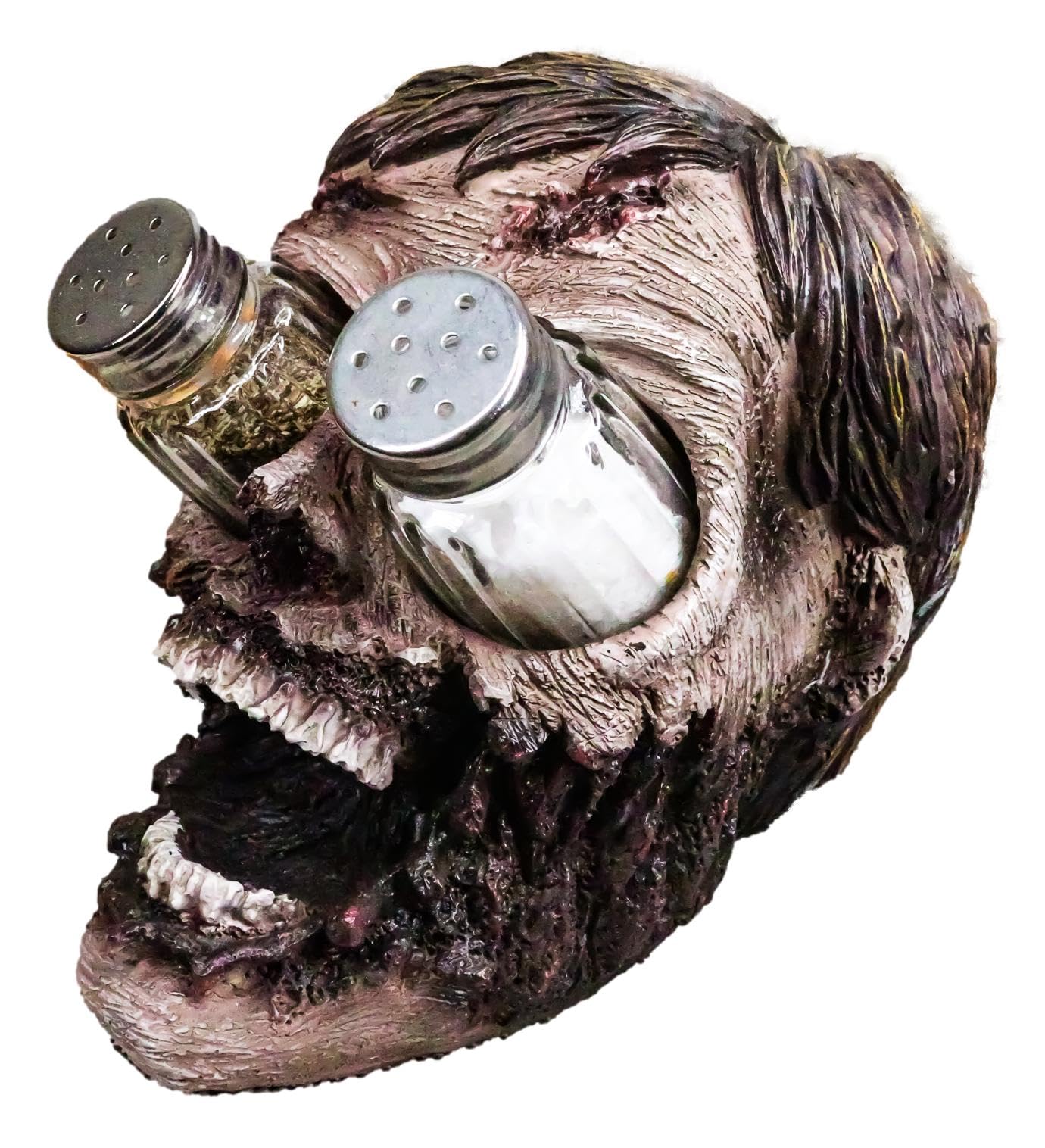 Ebros Walking Undead Gory Eyeless Zombie Head Salt And Pepper Shakers Holder Figurine Set With Glass Shakers 5.5"H Scary Decor Statue