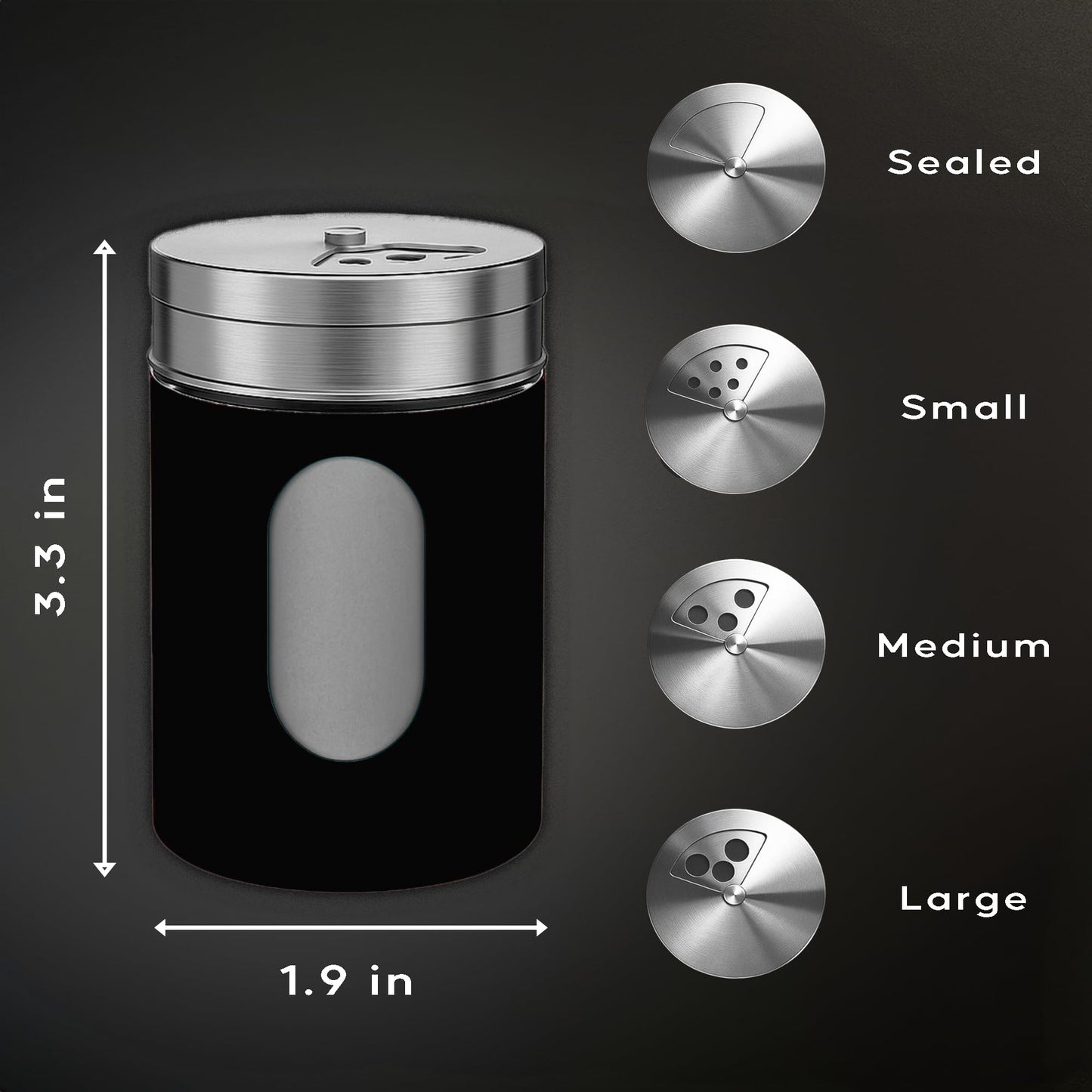 GOOHERA 4-Piece Salt and Pepper Shakers Set, 100mL (3.38oz) Each – Premium Stainless Steel Spice Dispensers with Adjustable Pour Holes – Black
