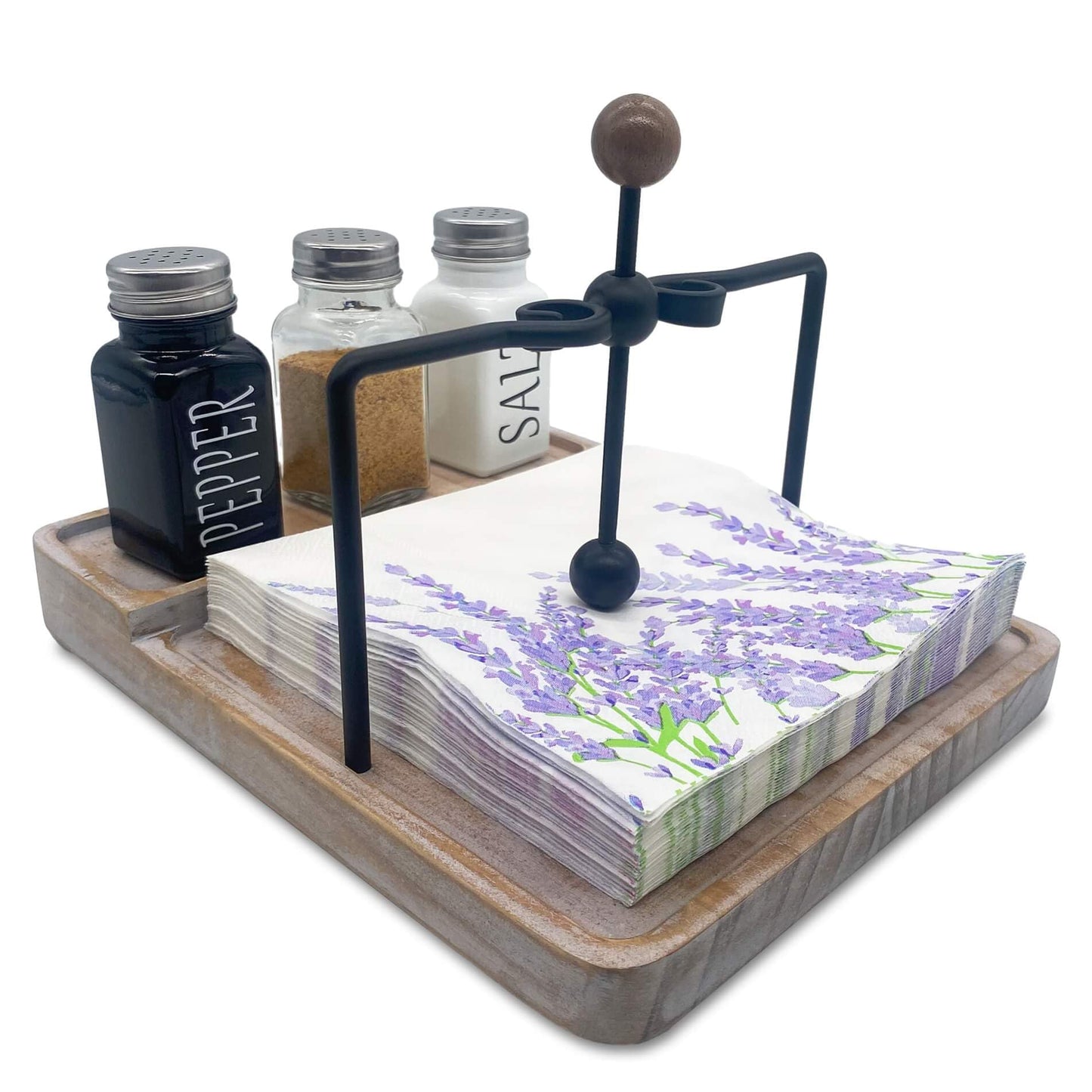 Flat Napkin Holder with Salt and Pepper Shakers, Kitchen Table Decor, 2-in-1 Rustic Napkin Holder for Paper Napkins, Wooden Table Decor for Bar, Kitchen & Dinning Room