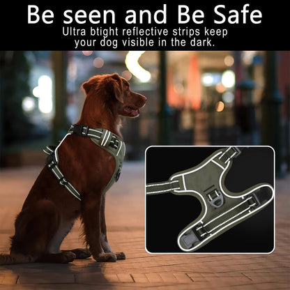 HEELE Dog Harness, No Pull Large, Release on Neck, Front Back Clips Dog Vest Harness Reflective Adjustable Padded, Easy Control Handle for Outdoor Walking Training, Green, L