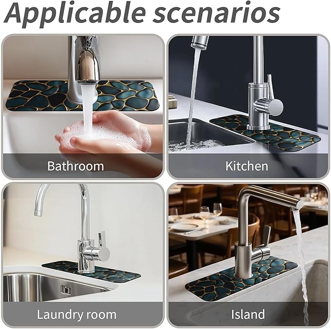 Kitchen Sink Splash Guard，Blue and gold stones Faucet Mat Sink Gadgets-Super