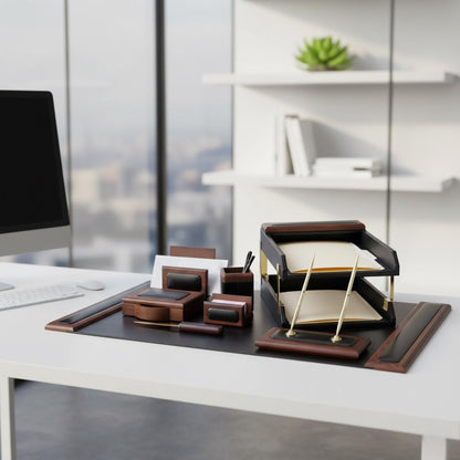 Dacasso Walnut and Black Leather Desk Set, 10-Piece, 34" x 20"
