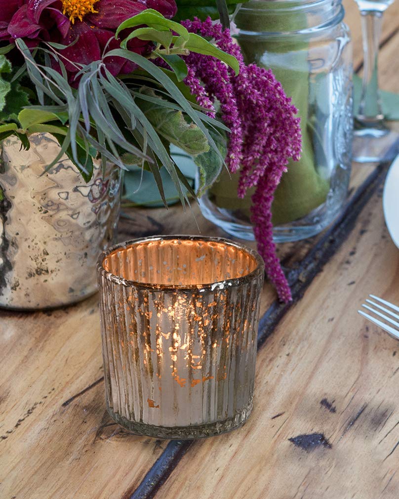 Serene Spaces Living Small Silver Ribbed Votive Candle Holders, Mercury Glass Finish, Ideal for Weddings, Events, 2.5" Tall & 2.5" Diameter, Pack of 6