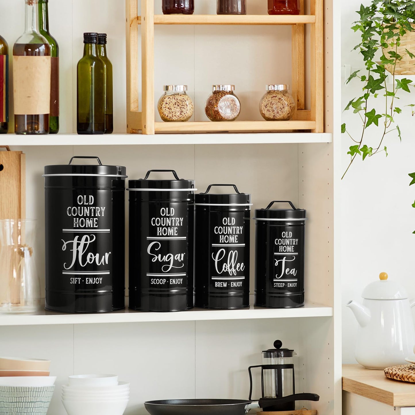 Bivvclaz Canisters Sets for the Kitchen, Airtight Kitchen Canisters for Countertop, Flour and Sugar Containers, Tea Coffee Sugar Canister Set, Coffee Bar Decor and Accessories, Set of 4, Black