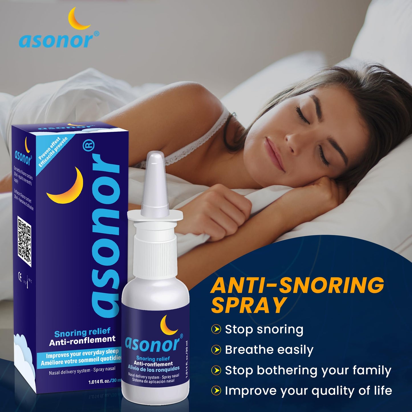 Asonor Snoring Nasal Spray (30milliliter), Effective Snore Stopper Drops for Better Sleep, Snore Relief Remedy Opens Up The Throat Air Passage, Enables Better Breathing, Natural Anti-Snoring Solution