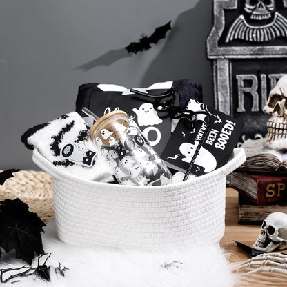 Mimorou 7 Pieces Black Boo Basket Gifts Halloween Gifts Set Ghosts Throw Blanket 16oz Cute Tumbler Gift Basket Spooky Keychain Socks Boo Straws Thanks Card for Halloween Party Trick or Treat