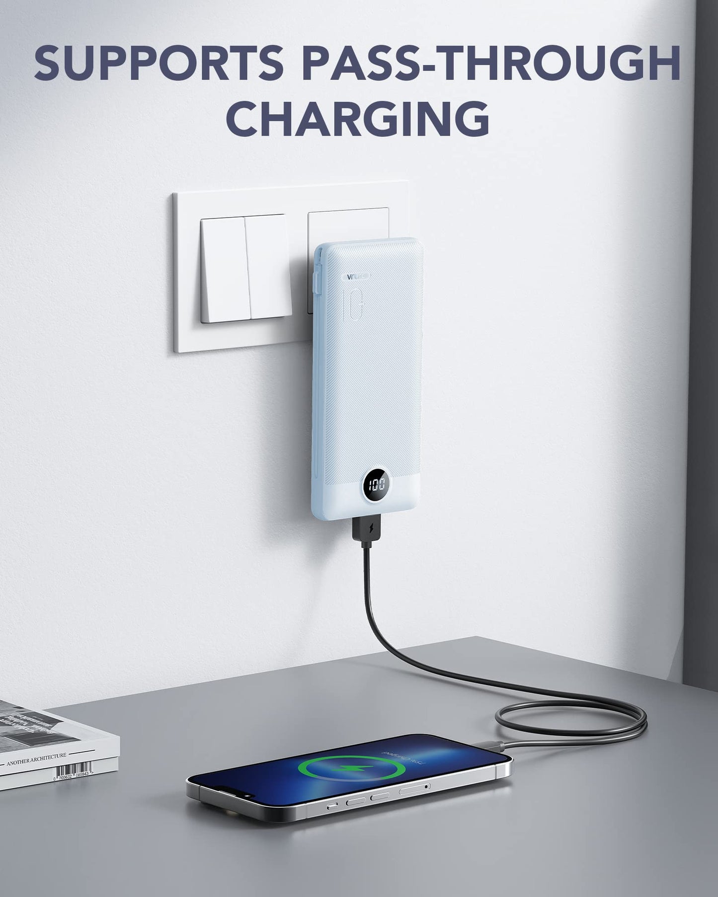VRURC Portable Charger Built-in Cables and AC Wall Plug, USB C Power Bank 10000mAh, Travel Essentials Phone Charger Compact Lightweight External Battery Pack for Smart Phones, Tablets etc-Blue
