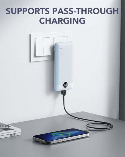VRURC Portable Charger Built-in Cables and AC Wall Plug, USB C Power Bank 10000mAh, Travel Essentials Phone Charger Compact Lightweight External Battery Pack for Smart Phones, Tablets etc-Blue