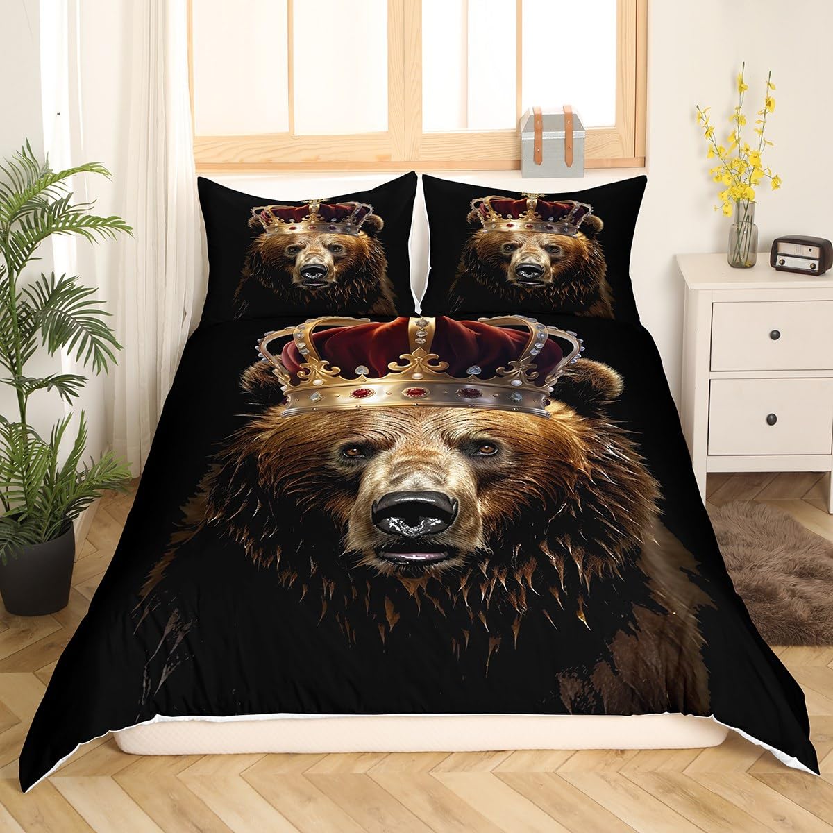 Rustic Bear Duvet Cover Set Full Size,3D Brown Fur Animal Golden Crown Comforter Cover with 2 Pillowcases,African Tropical Wildlife Black Breathable Bedspread for Boys Teens