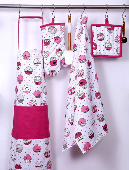 AMOUR INFINI 5 Piece Set of Apron,2 Kitchen Towel,Oven Mitt and Pot Holder in a Valentine Cup Cakes Design Event Outdoor BBQ Baking Grilling Party Kitchen Decor