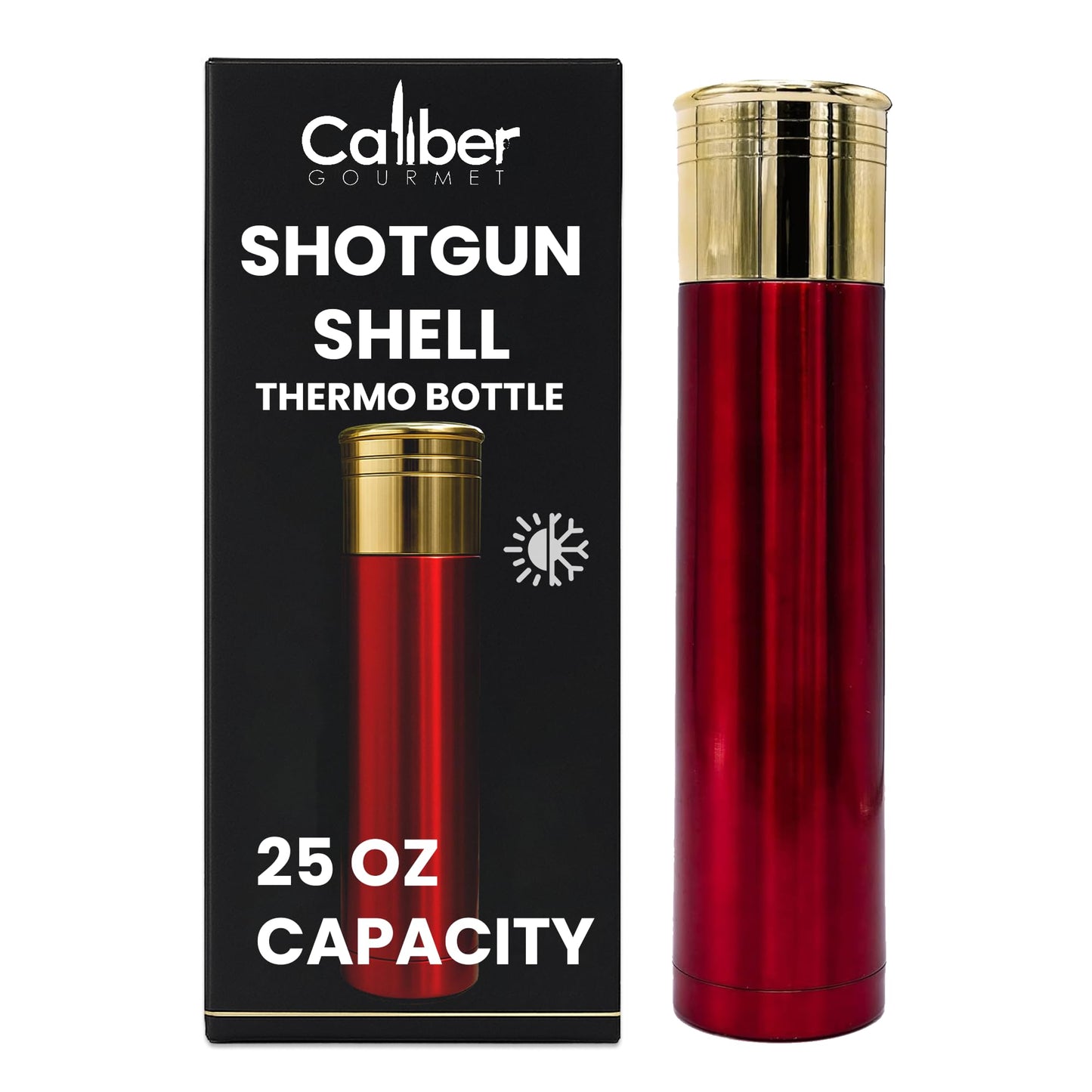 Caliber Gourmet 12 Guage Shotgun Shell Thermos Bottle 32 Ounces, Vacuum Insulated Stainless Steel Bullet Thermos – Novelty Hunting Thermos Gift for Christmas – Great for Camping Gear, Bold Red