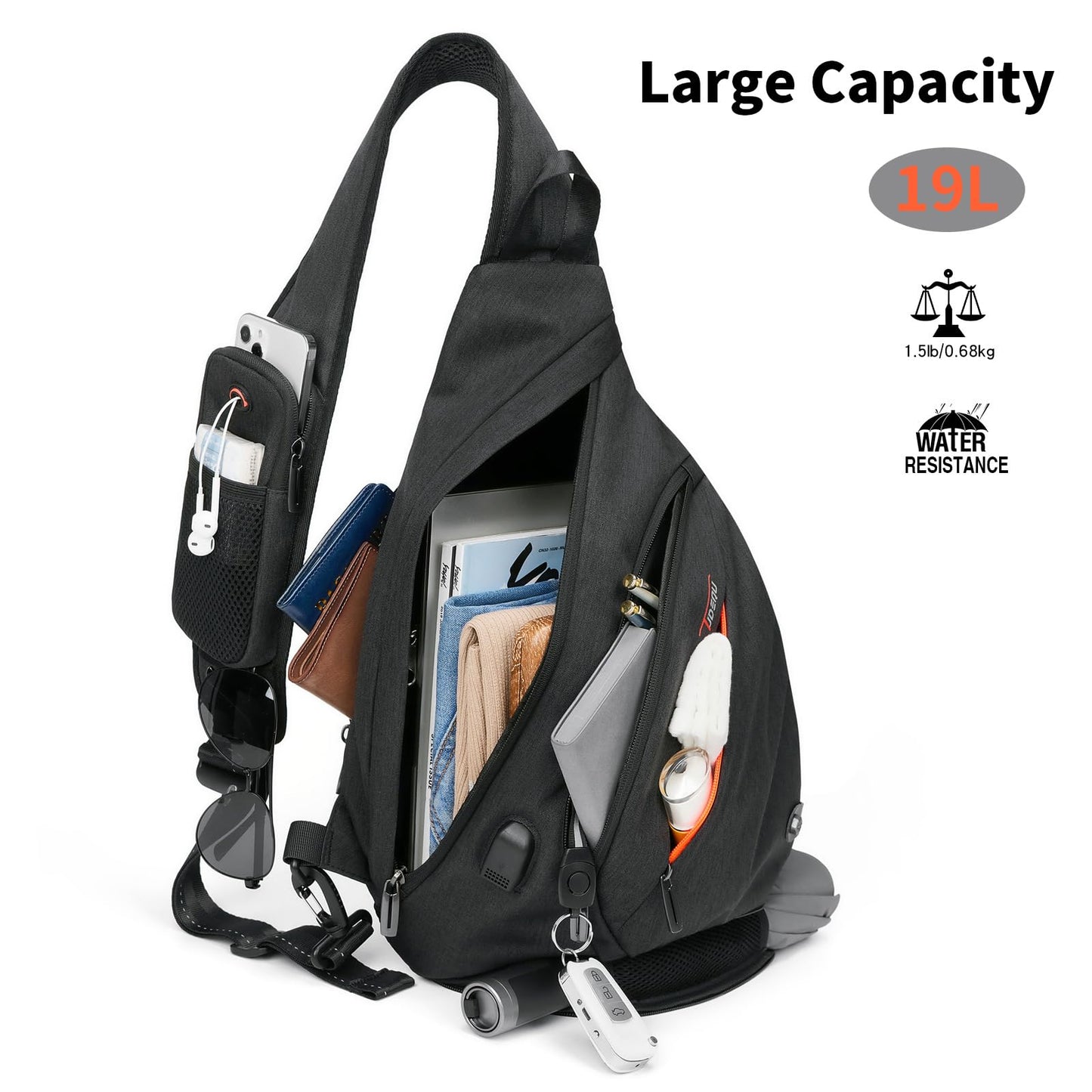 TUDEQU Sling Bags for Men,8 Pockets One Shoulder Backpack Large 19L,Crossbody,Single Strap,Black,Travel,Hiking,Women