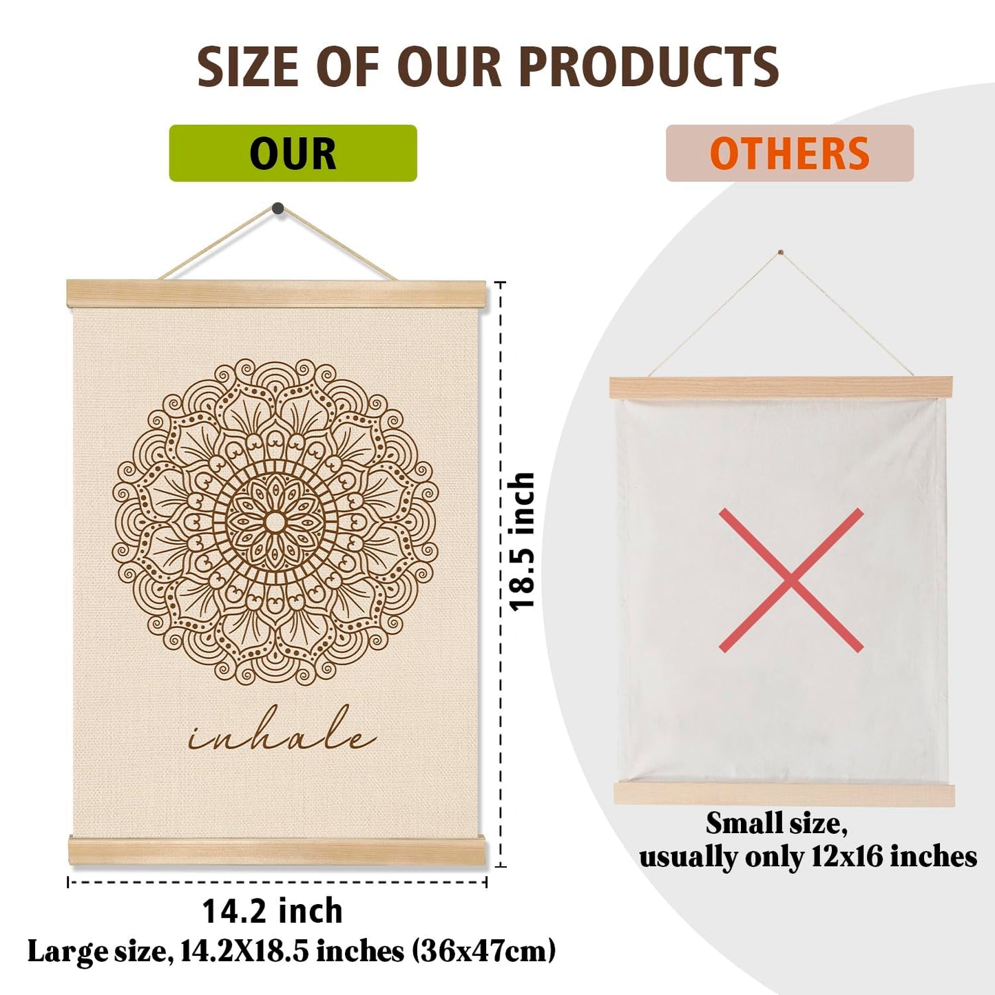 Inhale Mandala Wall Art ,Minimalist Yoga & Meditation Poster, Natural Linen Canvas with Wooden Hanger, Boho Zen Decor for Breathing Space, Spa Room, or Mindfulness Corner 14x18.5Inch(BG010)